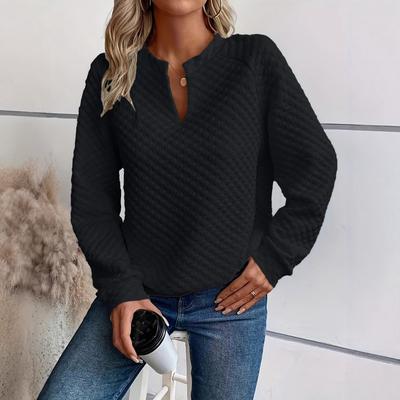 Herbst Neues einfarbiges Patchwork-Damen-Freizeit-Sweatshirt mit tiefem V-Ausschnitt und langen Ärmeln