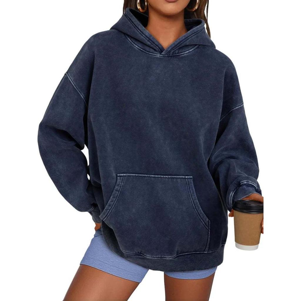 Unisex Hooded Long Sleeve Loose Fit Pullover Hoodie Washed Vintage Sweatshirt