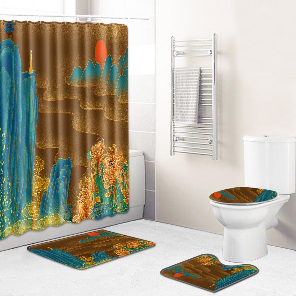 Chinese Antique Bronzing Night Flower Bathroom Floor Mat Shower Curtain Combination Floor Mat Support