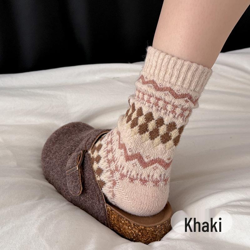 

Women s Vintage Fair Isle Wool Socks, Thickened Warm Mid-Calf, Autumn Winter, Coffee Color, Knee-High. One Size хакі