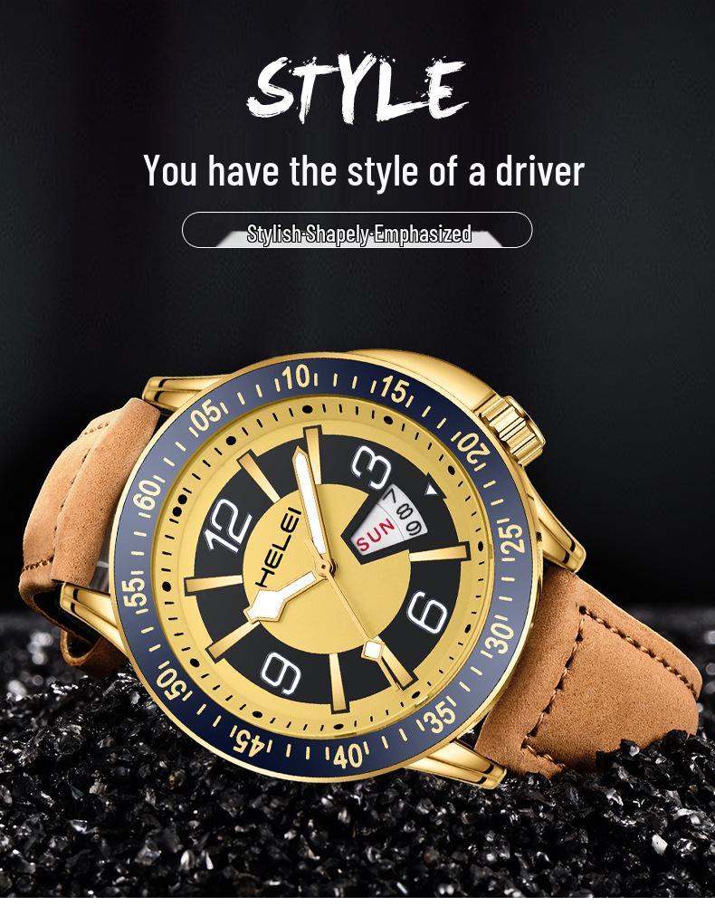 HELEI Men's Luminous Quartz Watch: Waterproof with Genuine Leather Band.