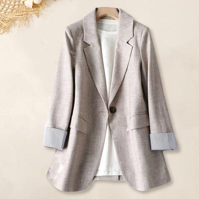 Chaqueta de traje para mujer, de manga larga, con solapa y un solo botón, con bolsillos y puños a rayas