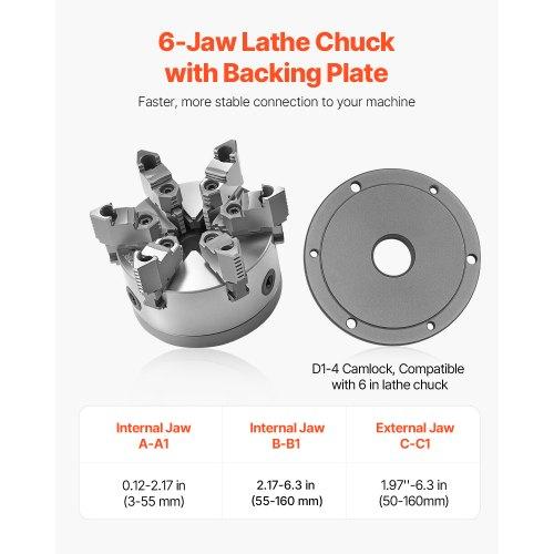 VEVOR 6-Jaw Lathe Chuck, 6 Inch (160 mm), Self-Centering Chuck with D1-4 Cam Lock Backing Plate