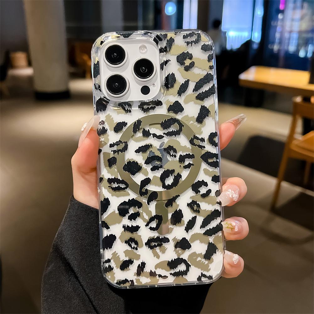 Leopard Print Soft Phone Magnetic Case For iPhone 17 Air 16 15 14 13 Pro Max Plus 16E Transparent Shockproof Back Soft Protective Cover