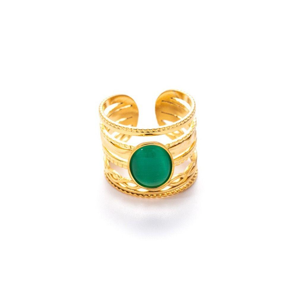 Stainless Steel Geometric Hollow Ring Hollow Pattern Colored Stone Ring Open Ring For Women