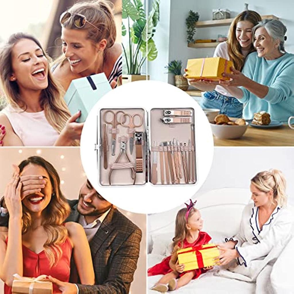 Nagelverbesserungsset aus Edelstahl in Roségold, 18-teiliges Nagelverbesserungs- und Fußreparaturset, professionelles Nagelmesser mit Lederetui