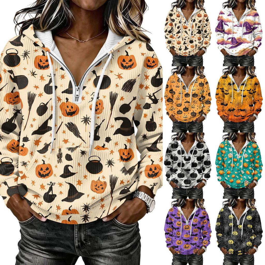 Women's Halloween Print Long Sleeve Hoodie Pullover Sweatshirt