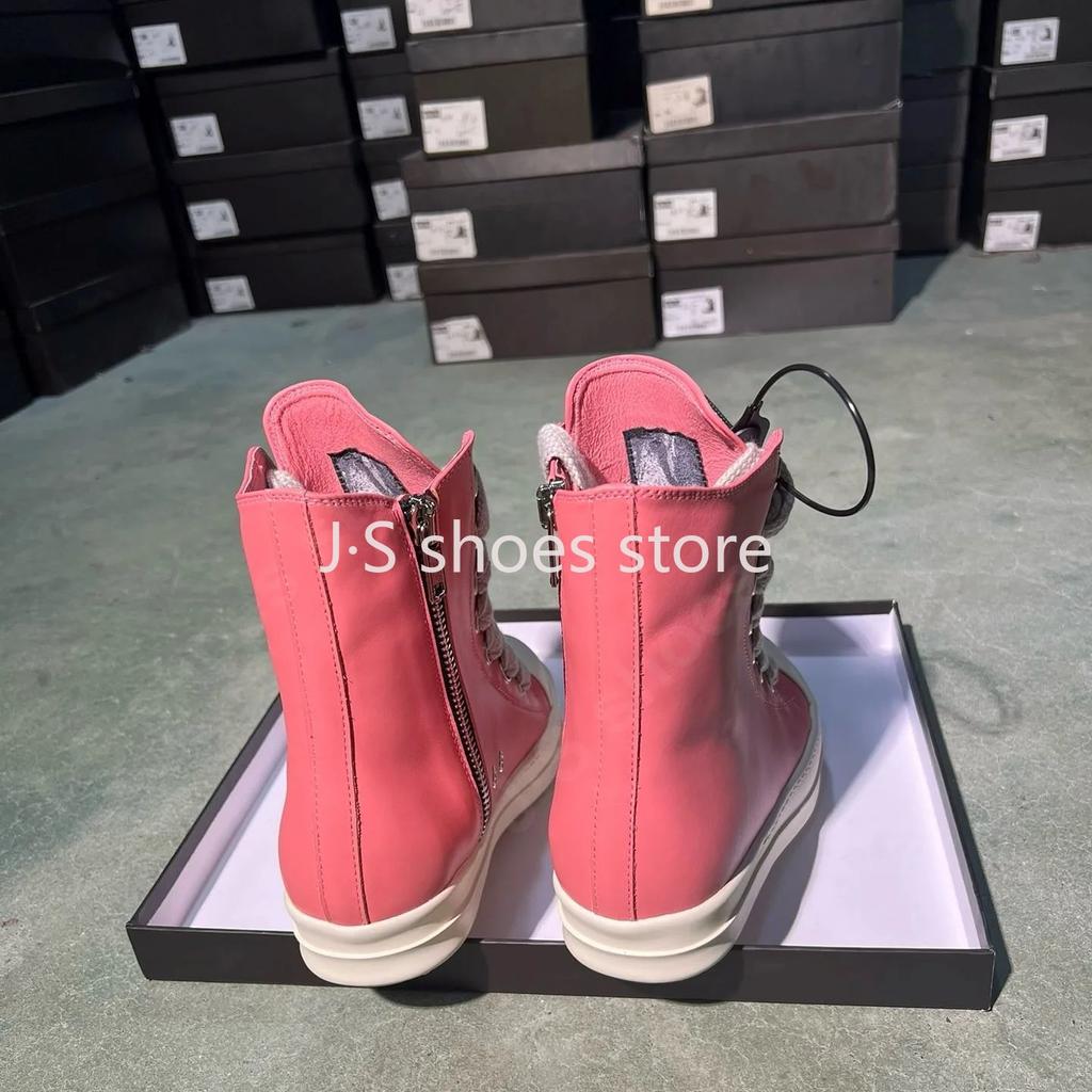 R-o Luxury Men Sneaker Peach Pink Leather High Top Shoe Women Boots Jumbo Laces Casual Shoes Cowhide Sneakers Ankle Boot