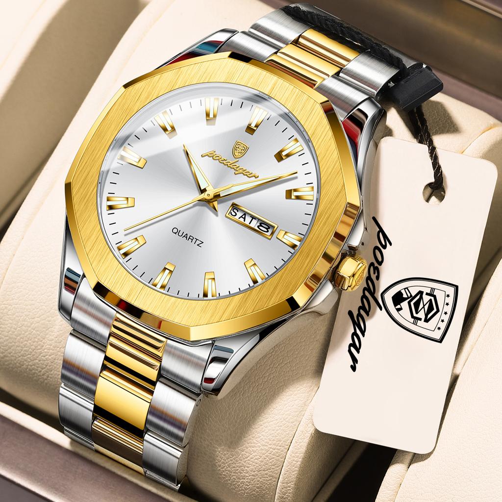 POEDAGAR Luxury Men Wristwatch Waterproof Luminous Week Date Casual Clock Stainless Steel Quartz Fashion Watches Reloj