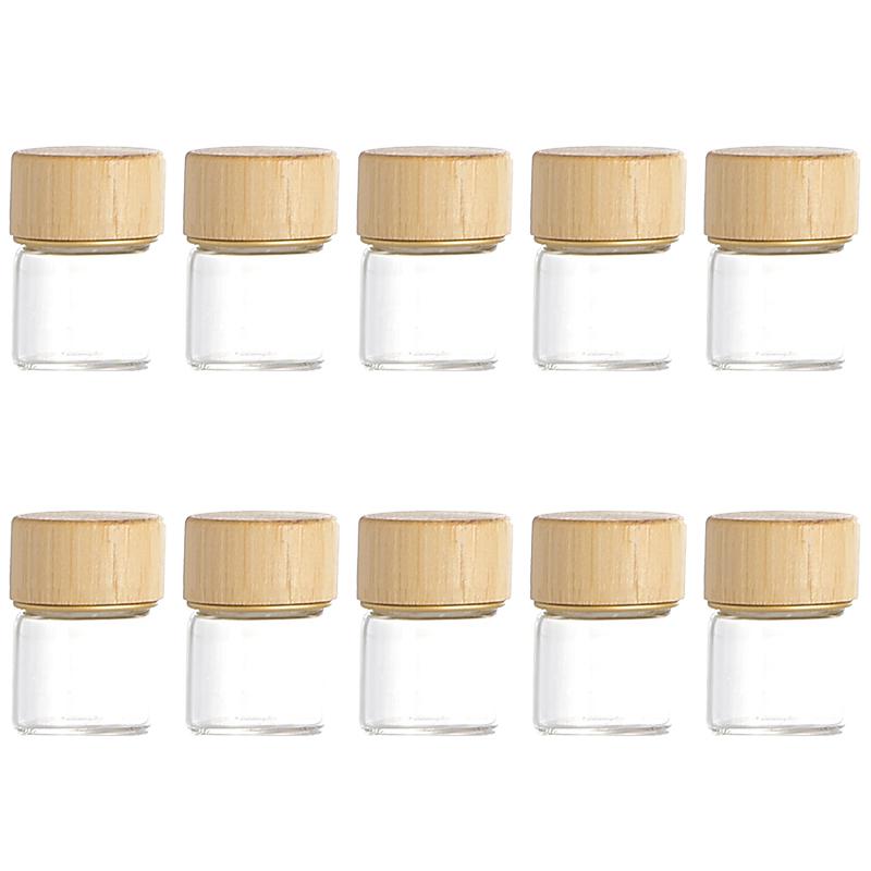 WTEMPO Mini Glass Bottles with Elegant Wood Grain Lids Compact Travel Kitchen Storage Containers for Nail Art Earrings Glitter Decorative Jars