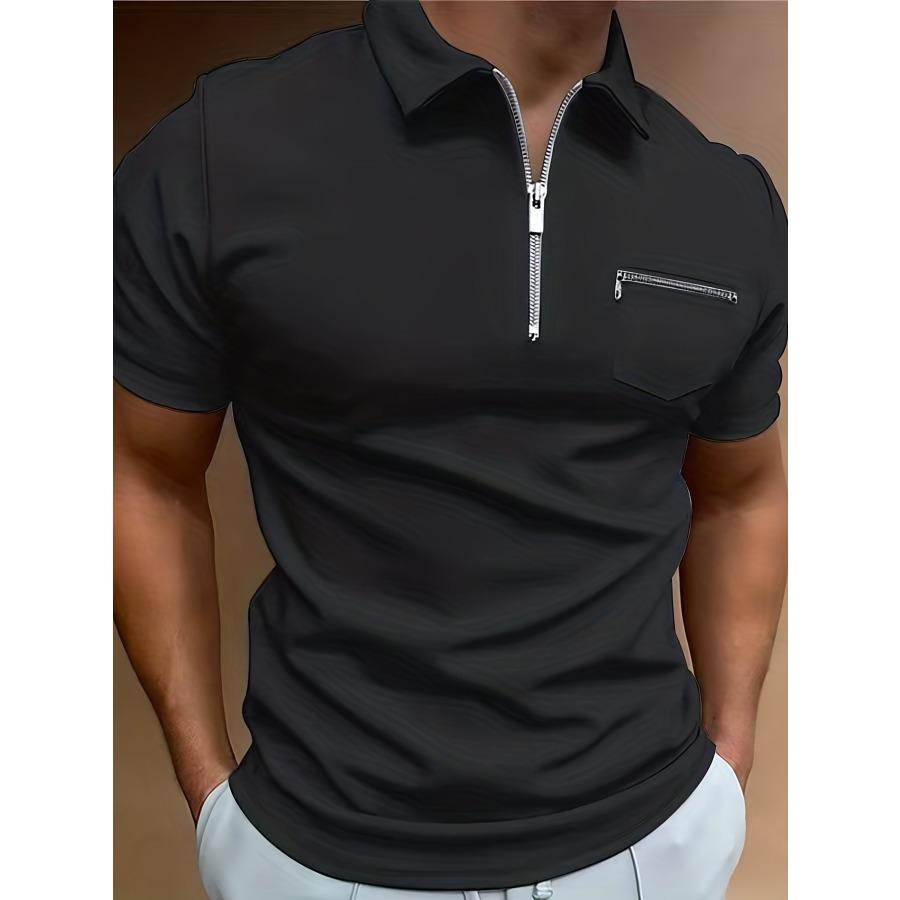 Summer Men's Zip Chest Pocket Polos Tops Casual Short Sleeve Lightweight Comfortable Polo Shirt Men Solid Lapel Top