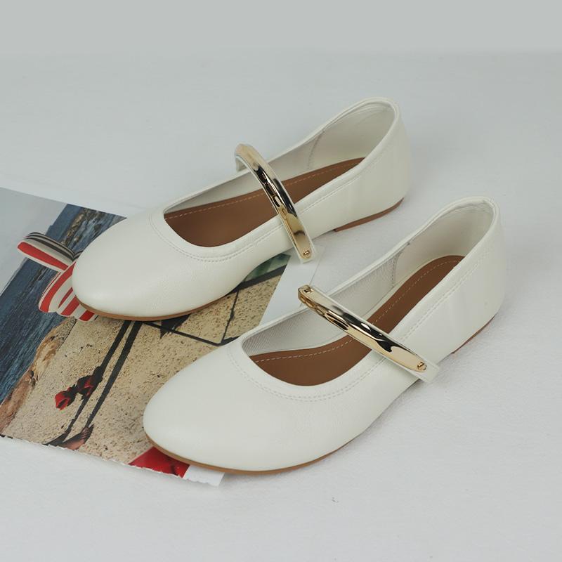 

Round Toe Lolita Style Women Mary Jane Shoes White Shallow Metal Belt Summer Footwear Female Ballet Flats 41 бежевий