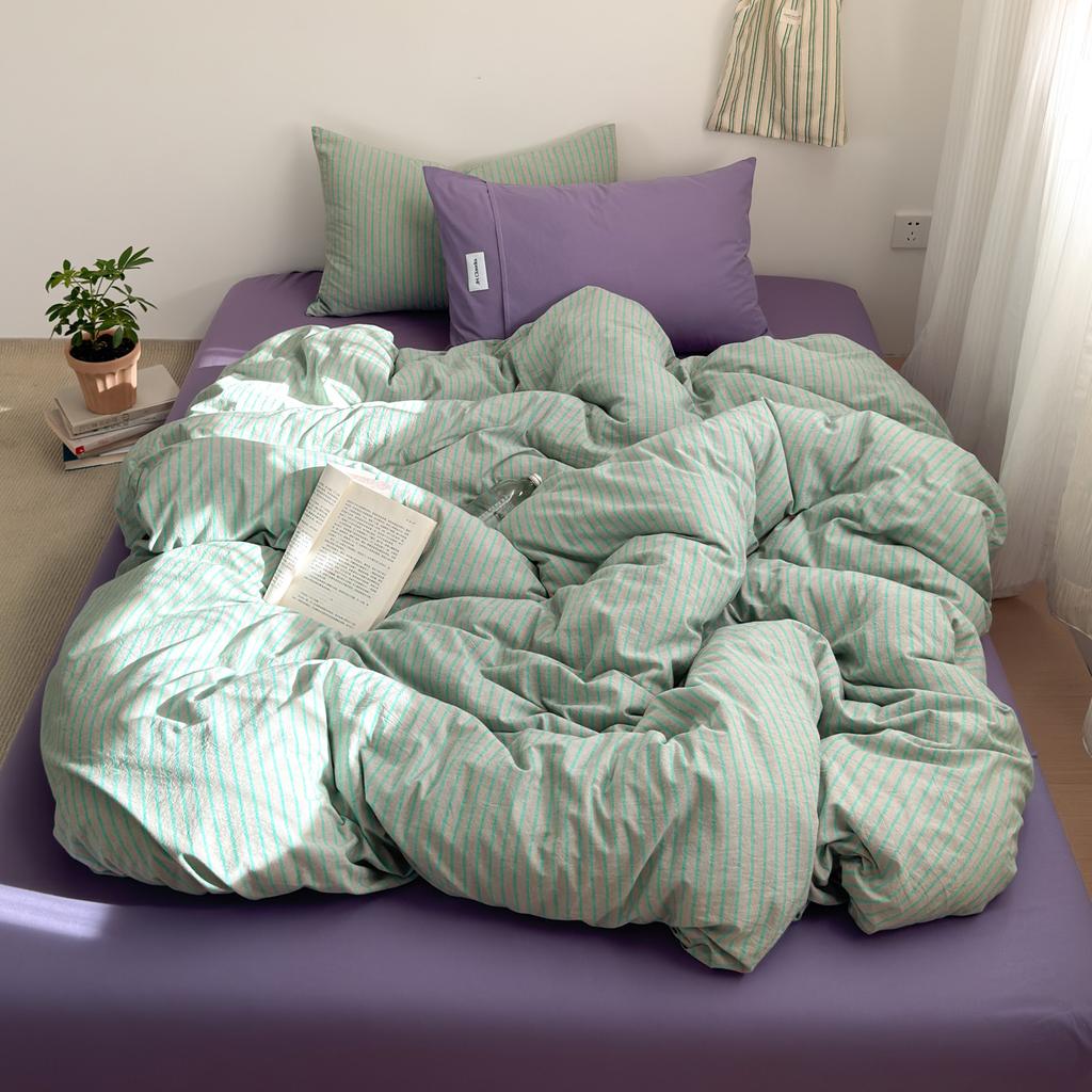 Japanese Style 100% Cotton Bedding Set King Queen Size Minimalist Striped Duvet Cover Set Comforter Cover Bed Sheet Pillow Cases