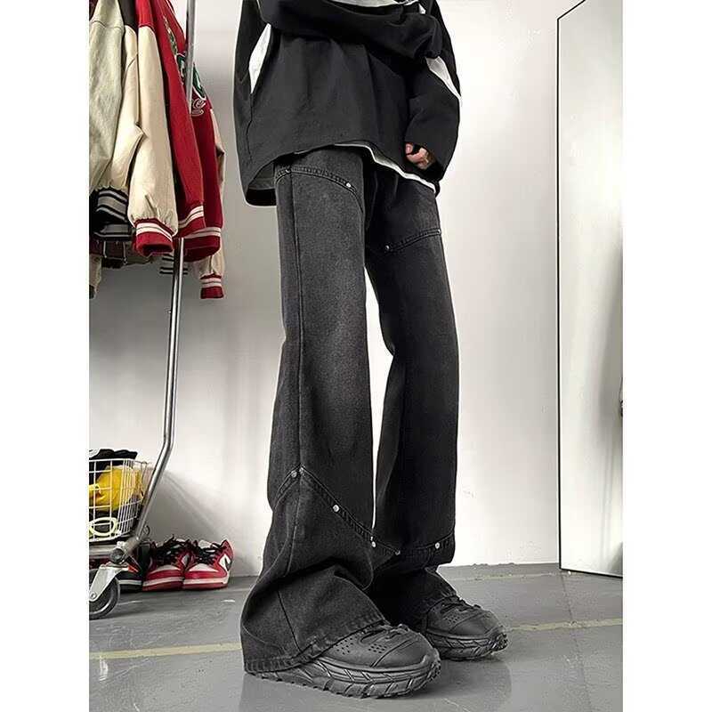 JYL Unisex Flare Jeans Autumn American Studded Ins Loose Straight Trendy Denim Pants