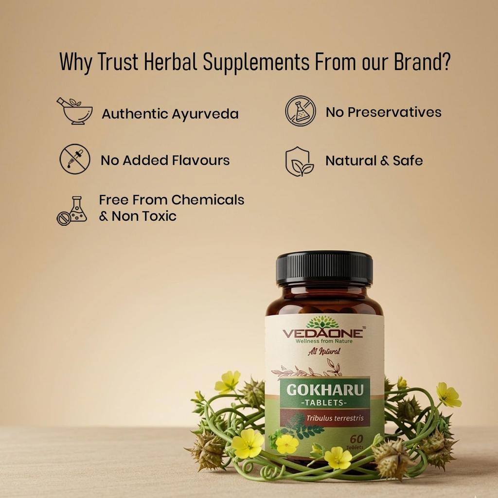 VEDAONE Gokharu/Gokshura Tablets (60 Count) | Pure Tribulus Terrestris Extract for Men's Wellness & Stamina | Natural Urinary Tract Health & Dail