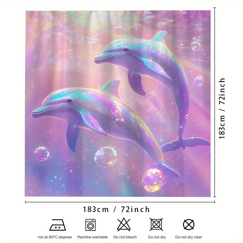 1pc Fantasy Purple Dolphin Microphone Digital Printed Shower Curtain with Bright Ocean and Bubble Patterns, Comes with Hook