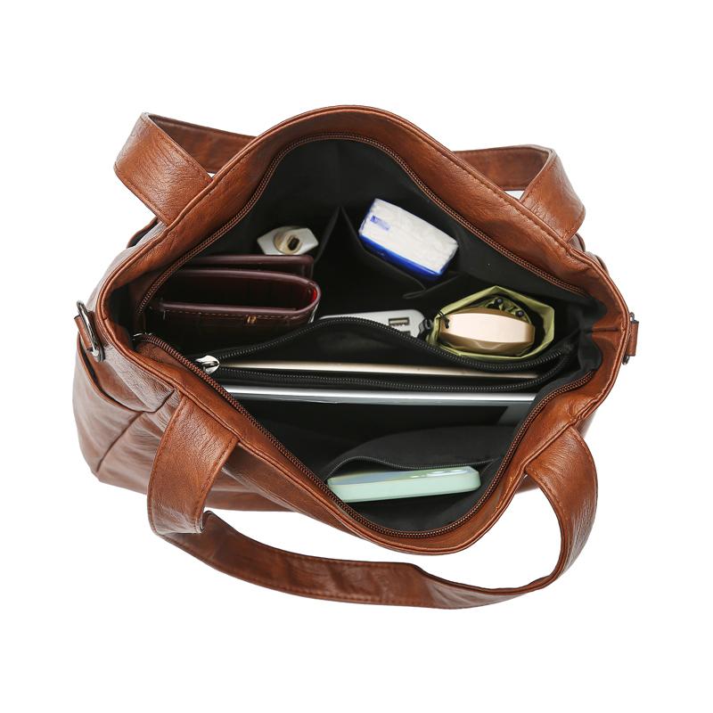 Women Vintage Soft Leather Tote Shoulder Bag Large Capacity Casual Daily Handbag with Detachable Wide Crossbody Strap Multi Pockets Commute Shopping