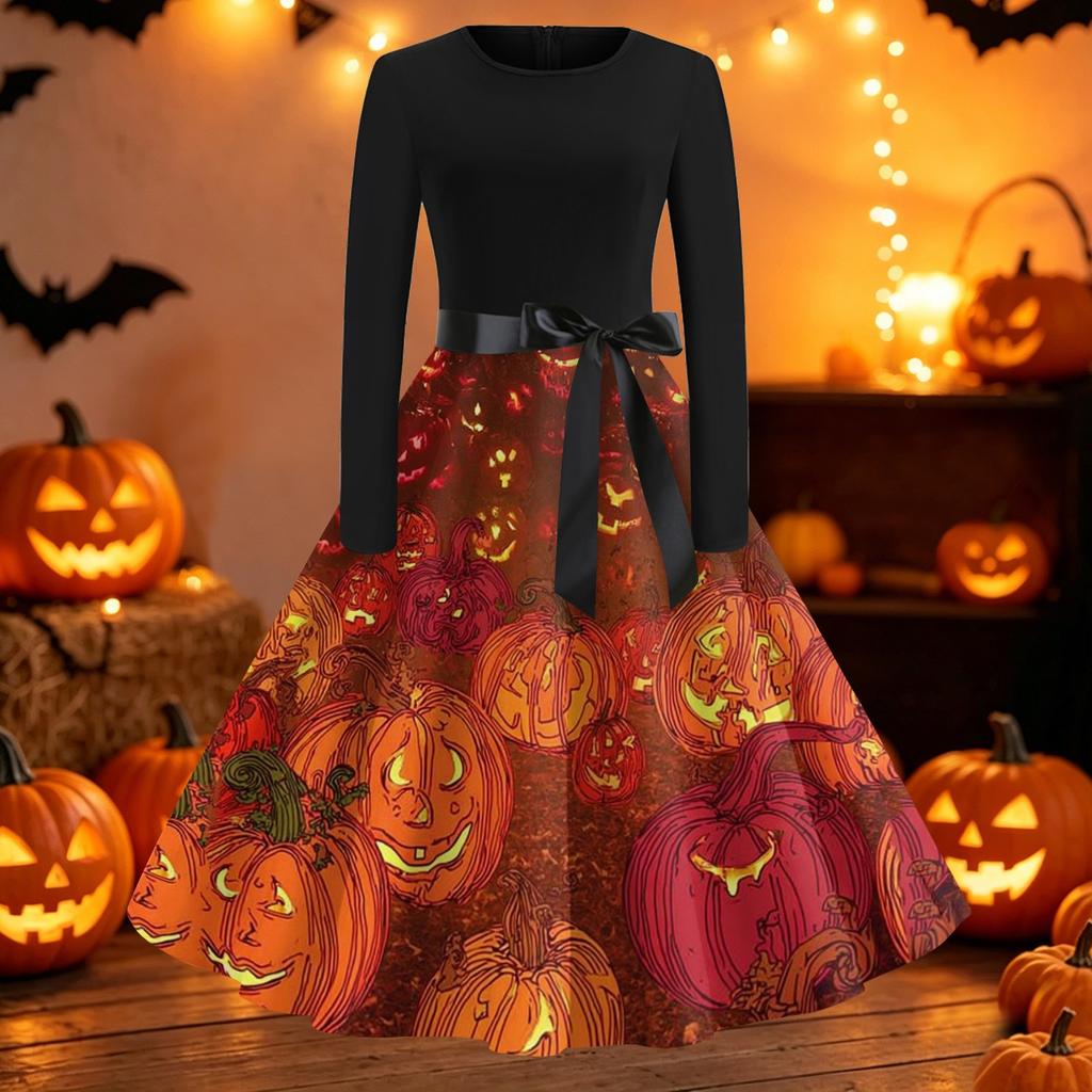Women's Vintage Halloween Print Round Neck Casual Dress for Everyday Wear
