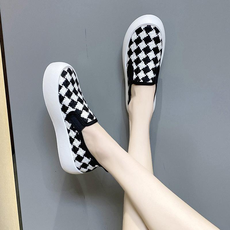 Vintage Platform Canvas Shoes Women's Plaid Woven Single Shoes Lazy Muffin