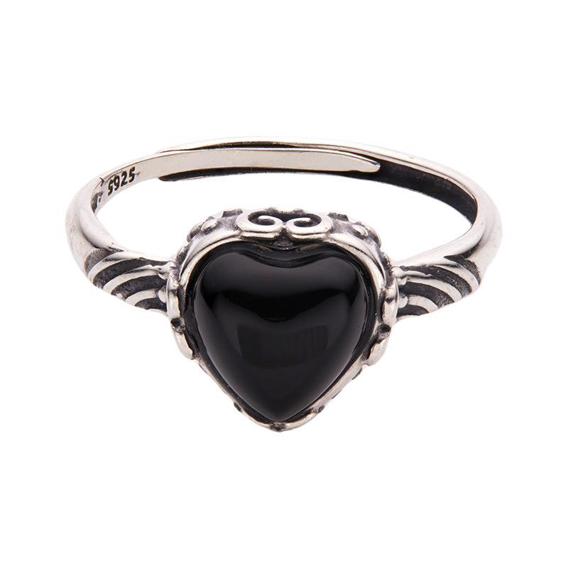 S925 Sterling Silver Earrings Natural Black Agate Love Ring Women S Niche Personality Retro Thai Silver Open Index Finger Ring