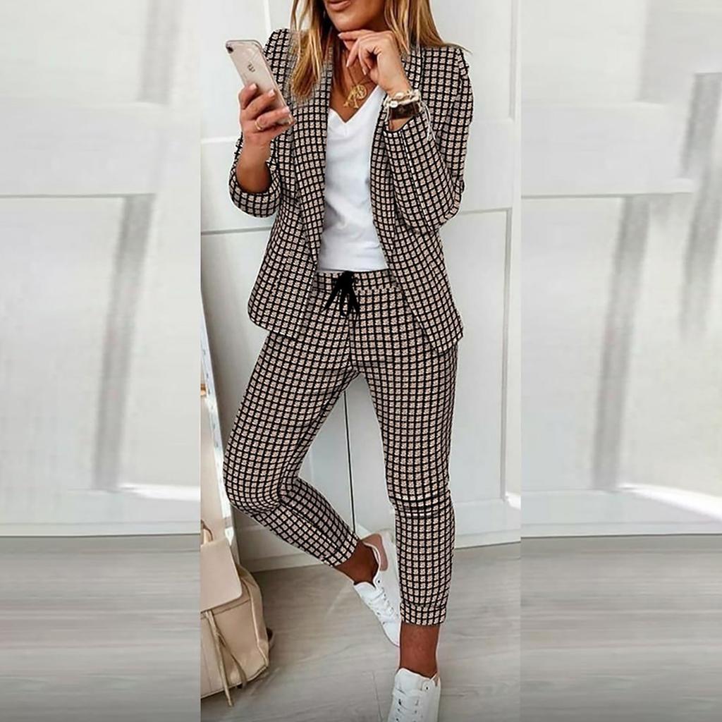 Women 2 Pieces Elegant Slim Fit Jacket Formal Work Pant Lapel Coat Set