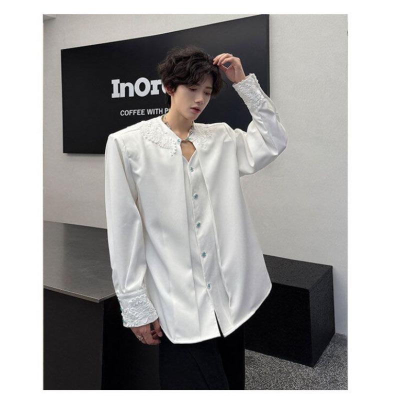 Abbigliamento da Uomo Camicia Versatile Ricamata con Spallina Marca Trendy Bello Manica Lunga Pizzo Elegante Camicia di Alta Gamma