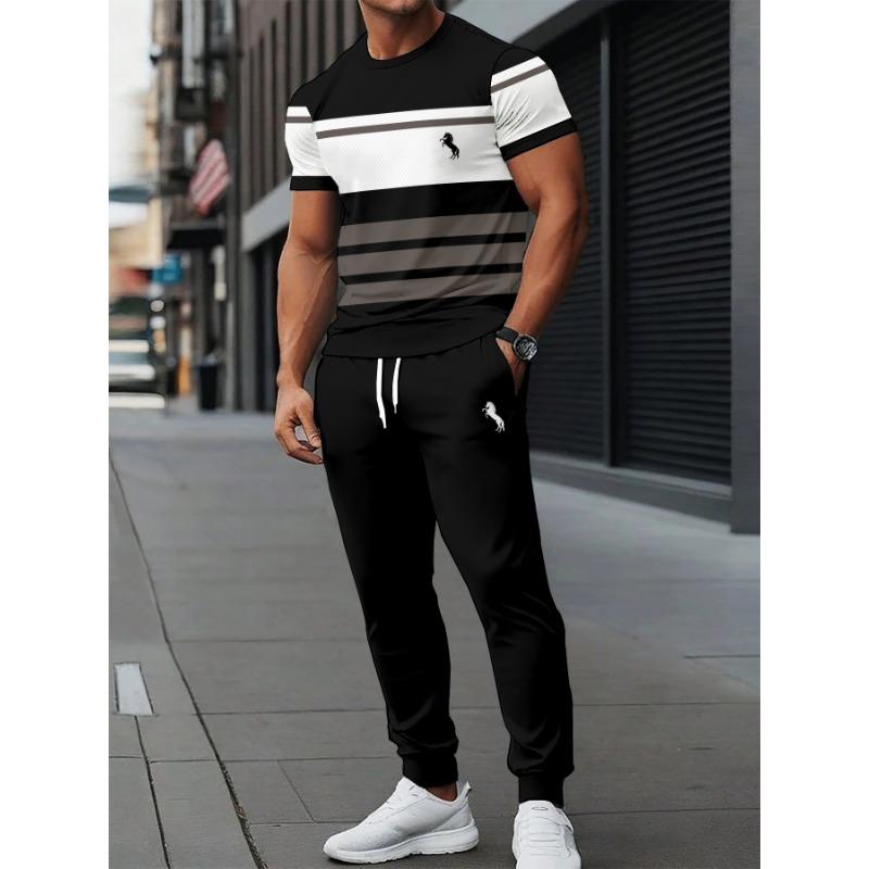 Men's Polyester Sportswear 2pcs Set - Elegant Casual Crew Neck T-Shirt & Long Pants - Slightly Stretchy Knit with 3D Print