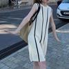 Chic Design Contrast Stripe Ice Silk Knitted Sleeveless Dress for Women, Summer Casual Gentle Style Skirt