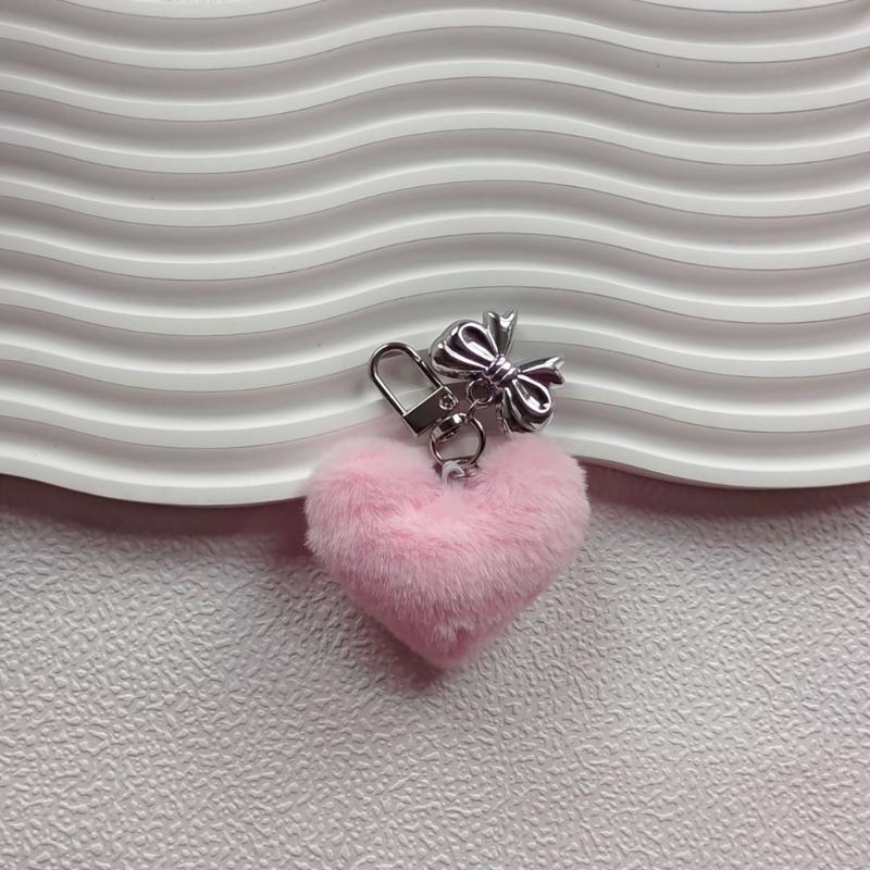Sweet Plush Heart Bowknot Keychain Pendant Lovely Hanging Decorations Keyring Charm for Purse Bag Backpack Handbag