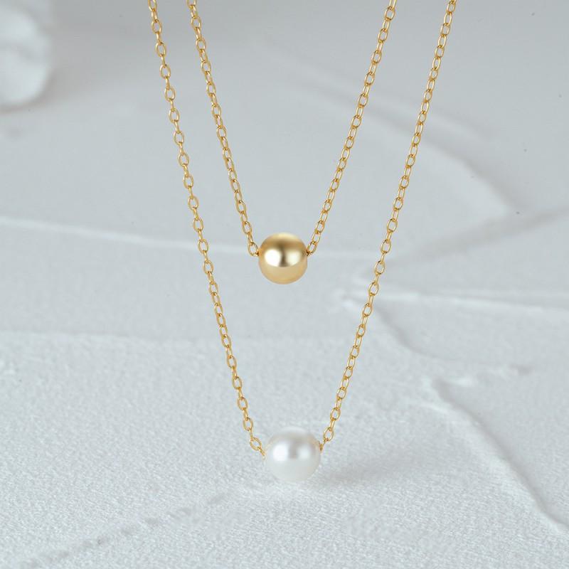 Adjustable 18K Gold Plated Sterling Layered Pearl Bead Pendant Necklace Women O-Link Chain Daily Fashion Jewelry