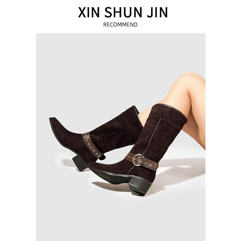 Pile boots women's summer new western cowboy boots retro medium tube knight boots suede pointed short boots
