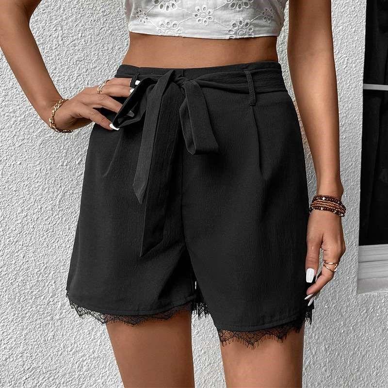 

Летние Новые Свободные Брюки Повседневные Женские На шнуровке С высокой талией Широкие Black XL