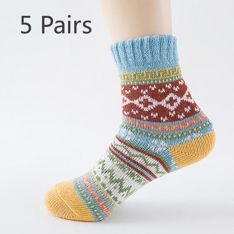 

5 Pairs of Thick and Warm Cross-flower Rabbit Wool Socks with Ethnic Style and Coarse Needle Cashmere Socks for Autumn and Winter 5 pairs