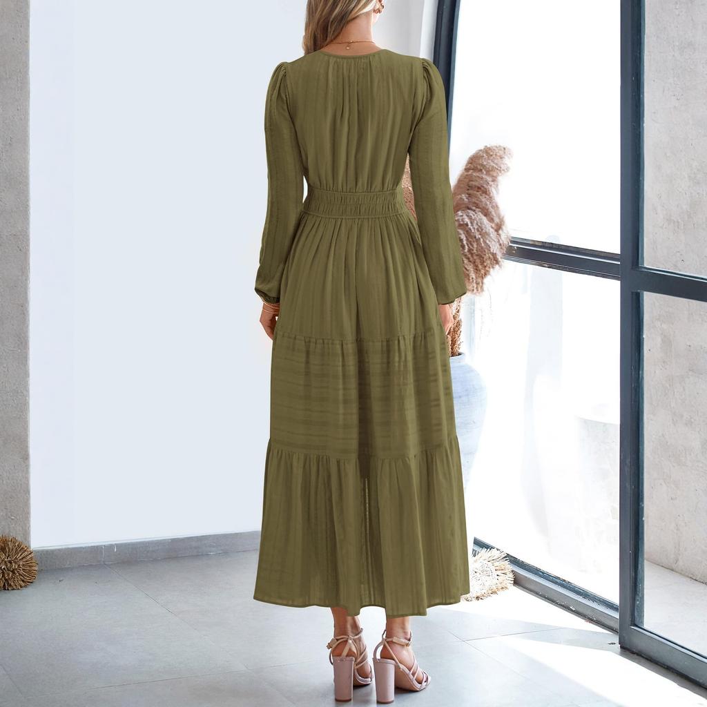 Women's Fashion V-neck Pleated, Waist-cinching, Wide-swing Long-sleeved Dress