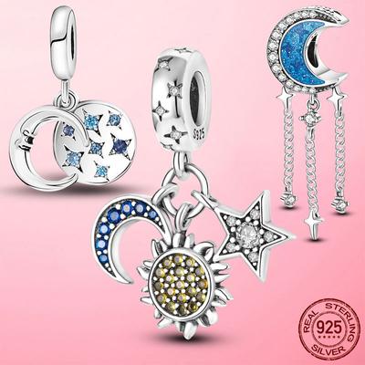 Ciondolo pendente a forma di luna, sole, stella e galassia in argento sterling 925, adatto per braccialetti alla moda originali da donna, gioielli fai da te.