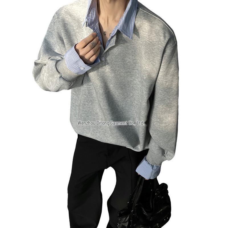 Herren Herbst Gestreiftes Patchwork Sweatshirt - Fake Zweiteiliger Kragen Langarm Streetwear Oberteil
