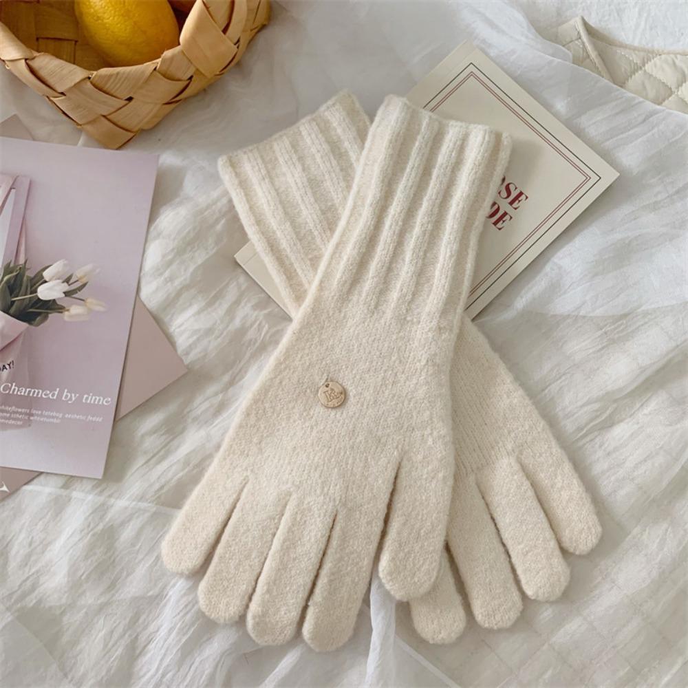 Cold-proof Wool Knitting Gloves Keep Warm Full Finger Mittens Ins Style Riding Gloves Girls бежевый