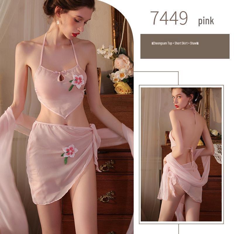 Seductive Hanfu-Inspired Sheer Lingerie Set: Erotic Three-Piece with Belly Band for Small Busts