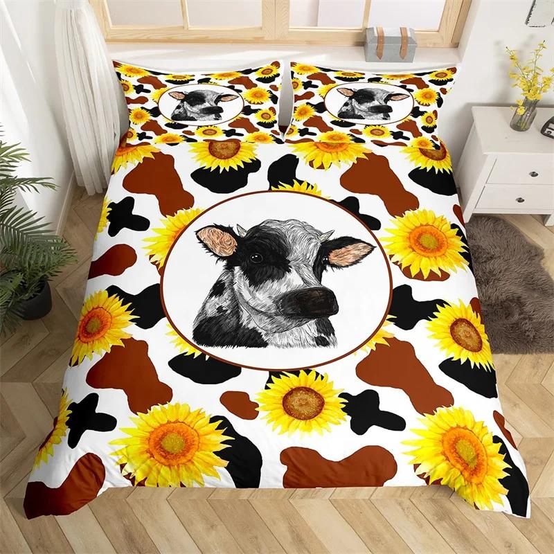 Hochlandrind Bettbezug Bulle Sonnenblume Kuh Bettwäscheset Queen Für Jungen Männer Mikrofaser Wildtiere Bauernhaus Tier Bettdeckenbezug