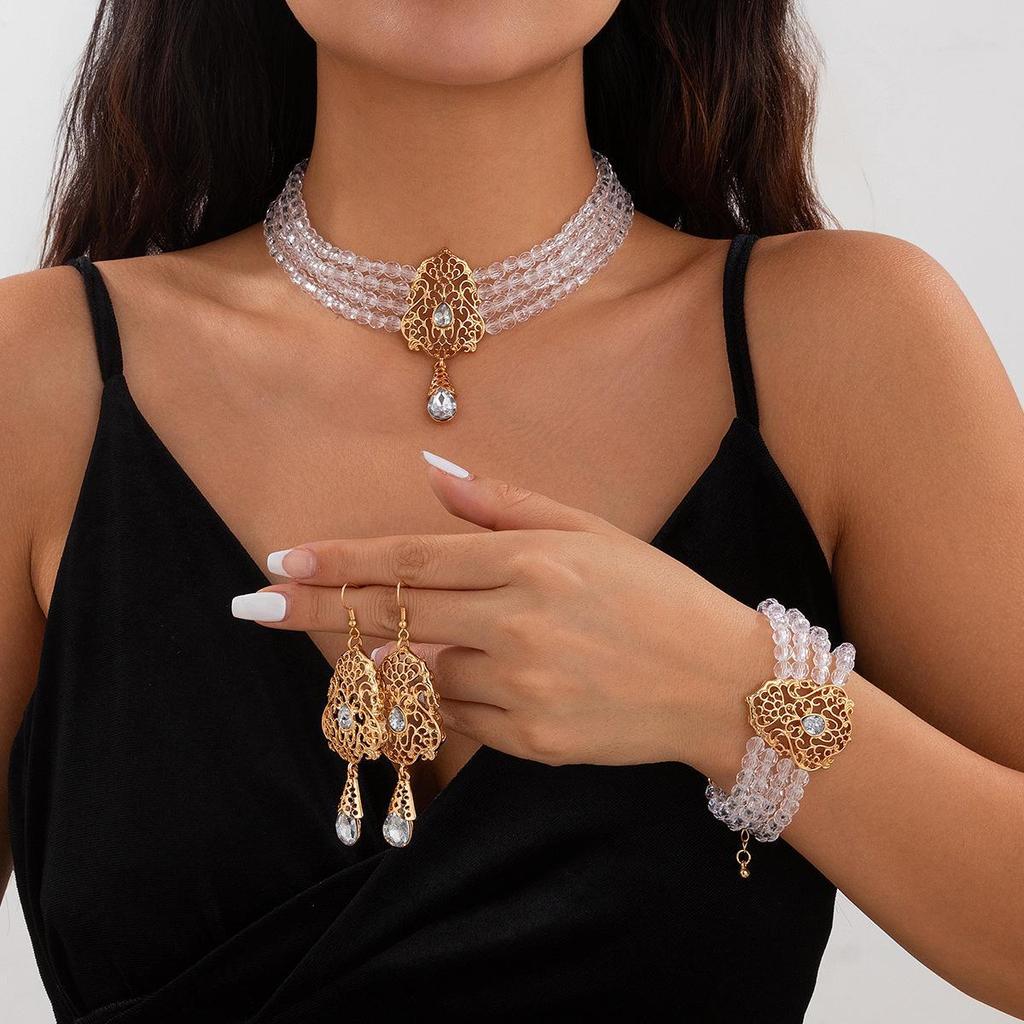"European-American Square Rhinestone & Pearl Beaded Choker Necklace Set”