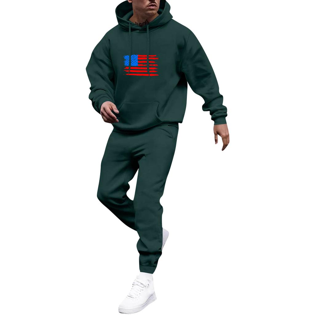 Men's Solid Color Flag Print Hooded Universal Versatile Hooded Sweatshirt Sweatpants Casual Sports Suit