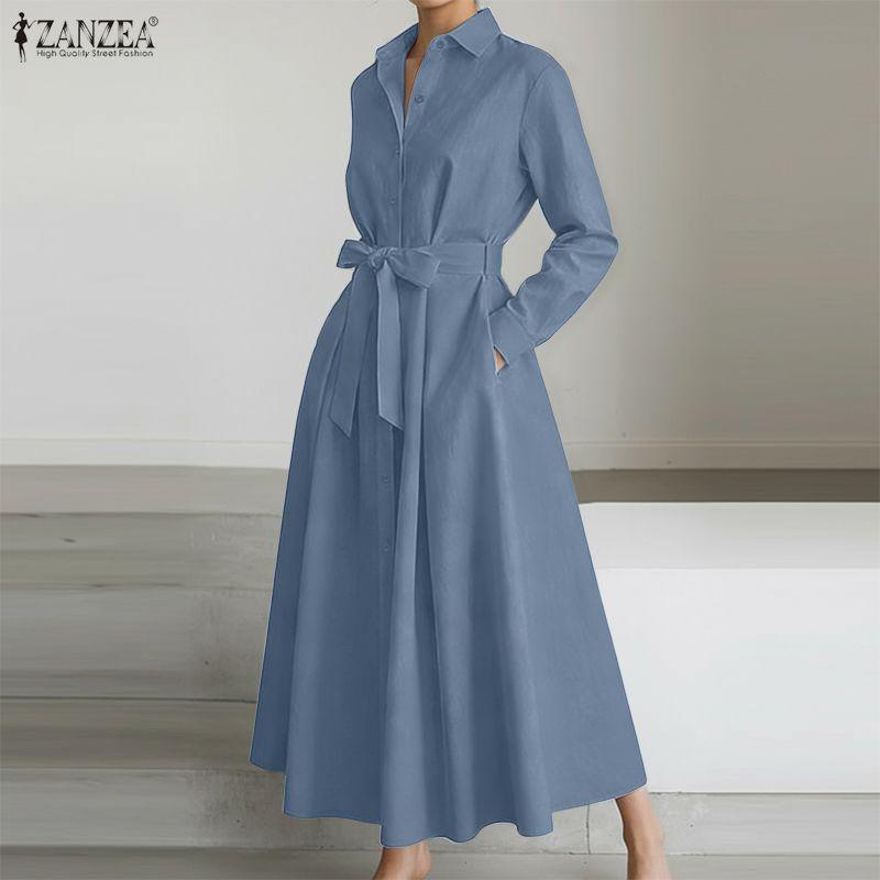 ZANZEA Lässiges Damen-Hemdkleid mit Umlegekragen und langen Ärmeln