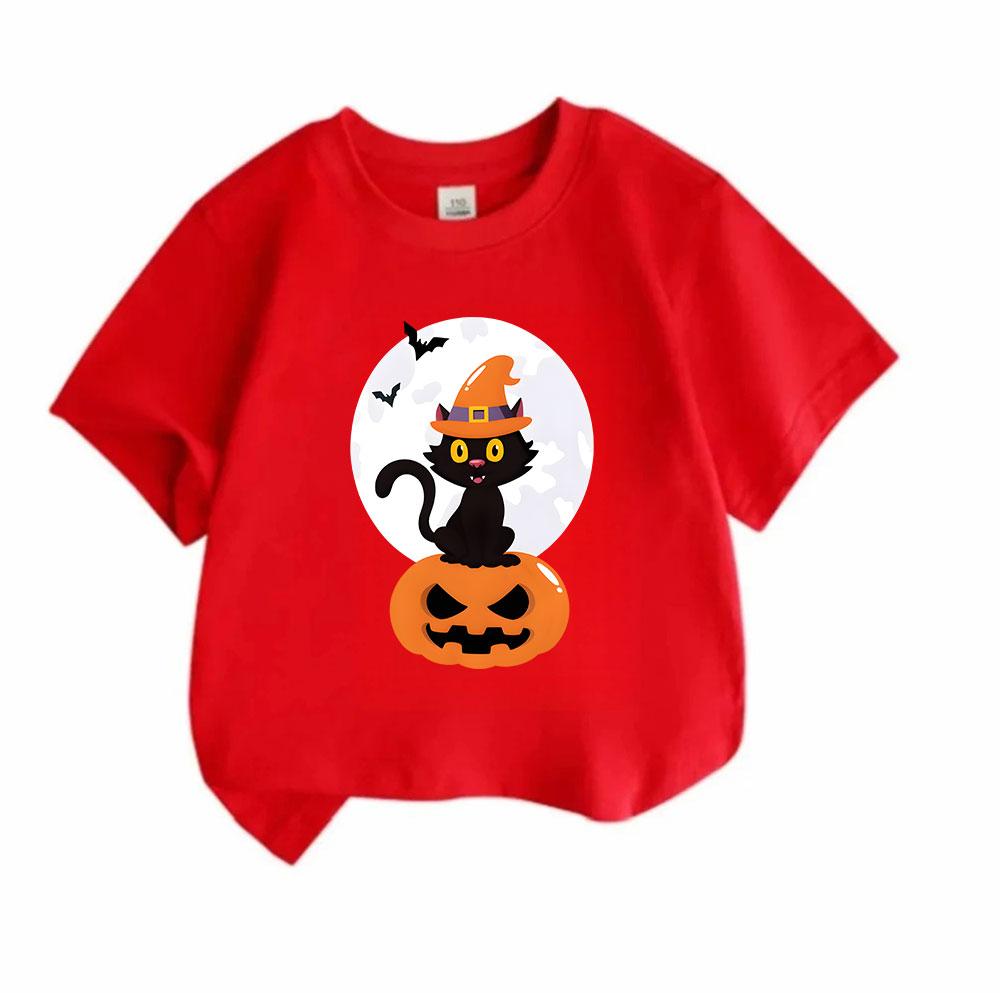 Kids Boys Girls 100% Cotton Short Sleeve O-Neck T-Shirt, Cute Halloween Black Cat Witch Hat Pumpkin Full Moon Bat Pattern Casual Soft Tee for Children