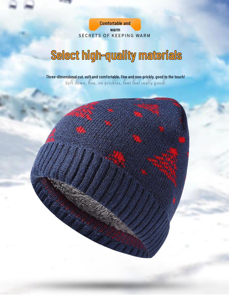 Czerwona czapka dzianinowa podszyta polarem z motywem choinki - Unisex, dwuwarstwowa na śnieżne dni (W magazynie)