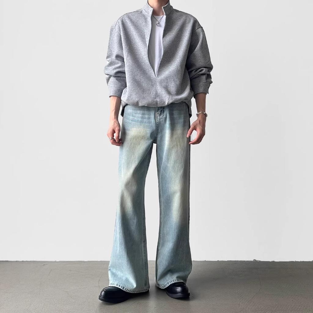 Cleanfit simple retro washed light blue jeans boys loose A-shaped straight drape wide-leg trousers