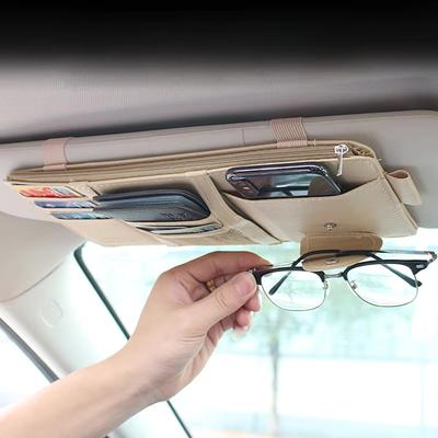 PU Leather Car Sun Visor Organizer Multi-Pocket Auto Storage Pouch With Sunglasses Clip For Card Phone Car Interior Organization