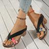 One-word Sandals Large Size Summer Thick Heel One-word Belt Fashion Printing High-heeled Sandals Women