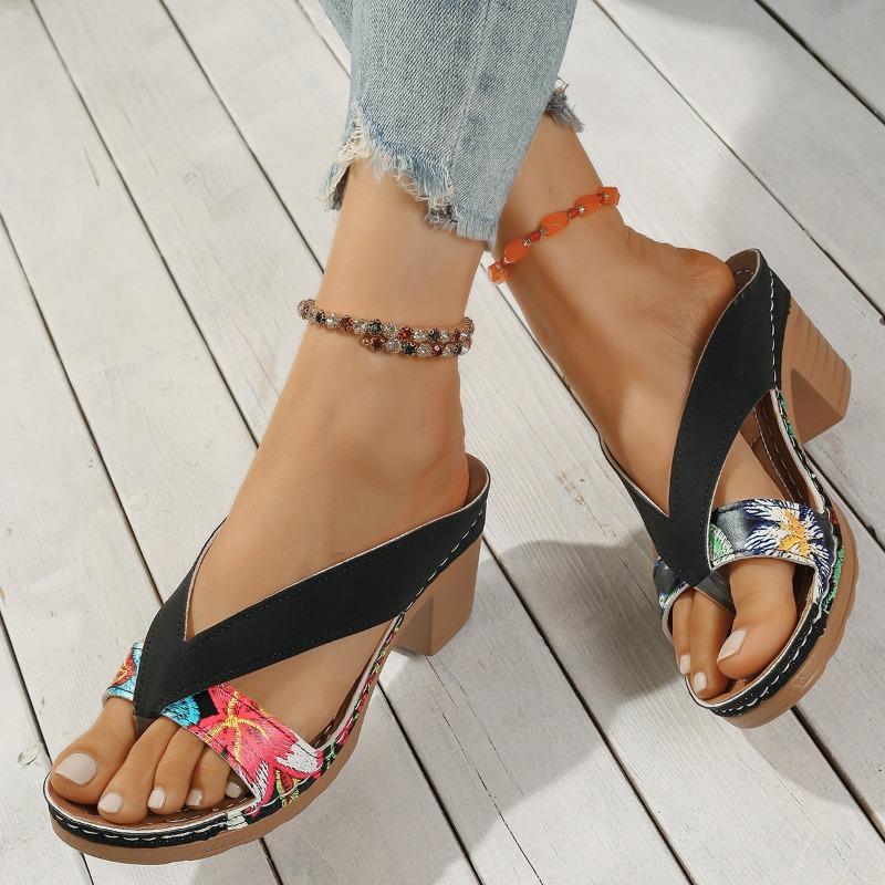 One-word Sandals Large Size Summer Thick Heel One-word Belt Fashion Printing High-heeled Sandals Women