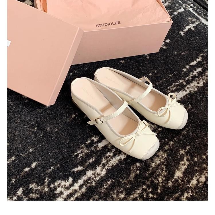 Grape Mother Same French Inner Height Increase Age Reduction Bow Word Ballet Half Drag Sandals Leather Women's Single Shoes Summer