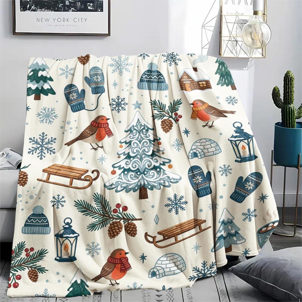 1Pc Cute Season Print Flannel Blanket, High quality Comfortable for All Seasons, Home Decor, Warmth and Comfort, Perfect for Christmas Gifts W50